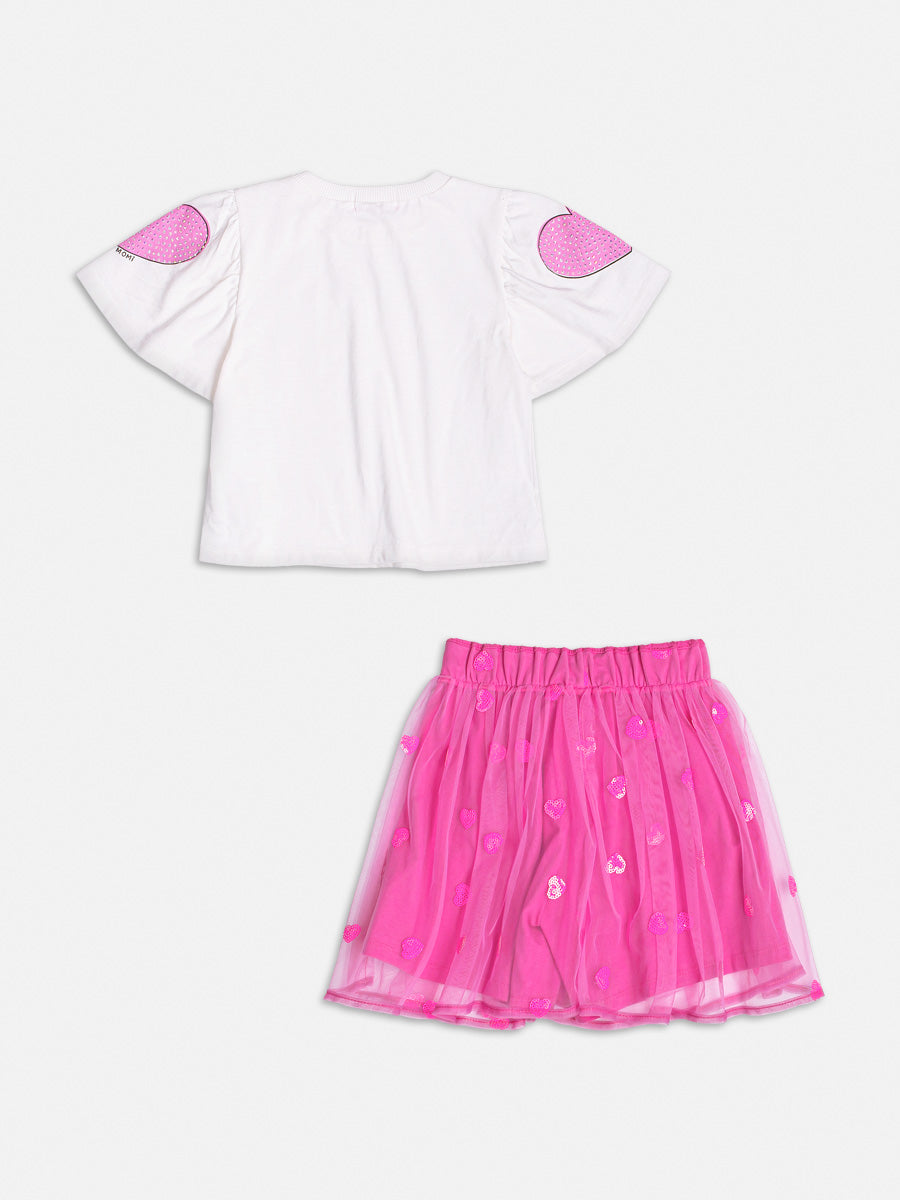 Conjunto Infantil Momi Verão Saia Rosa Tule e Blusa Coração