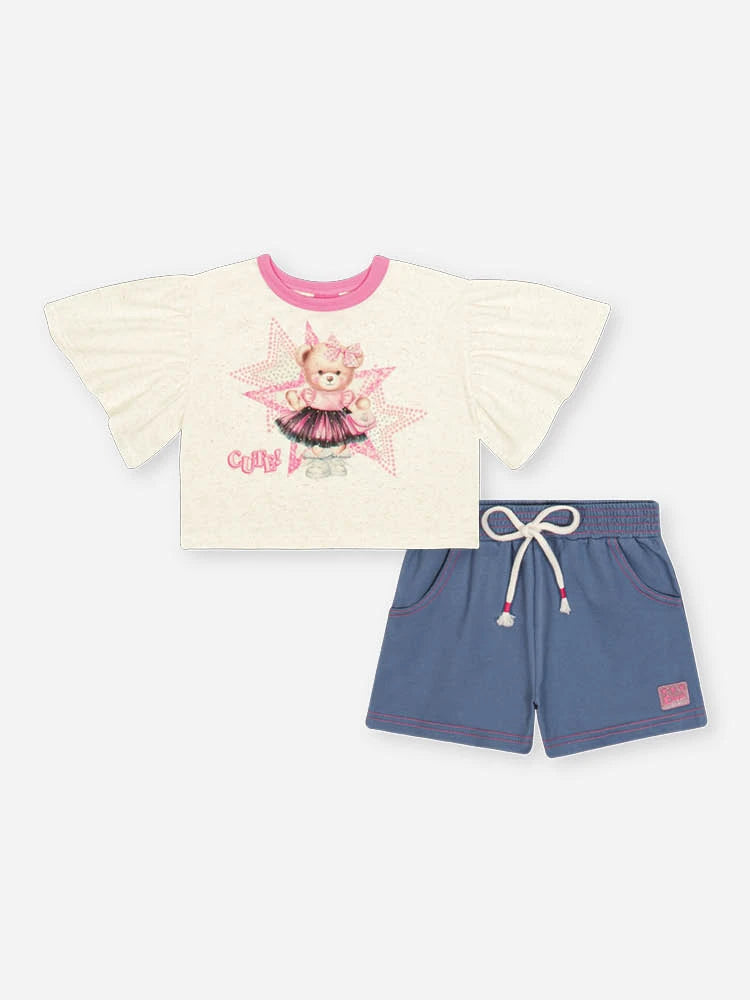 Conjunto Infantil Cinti Invernio com Shorts Azul e Blusa Manga Curta Ursinha Cute