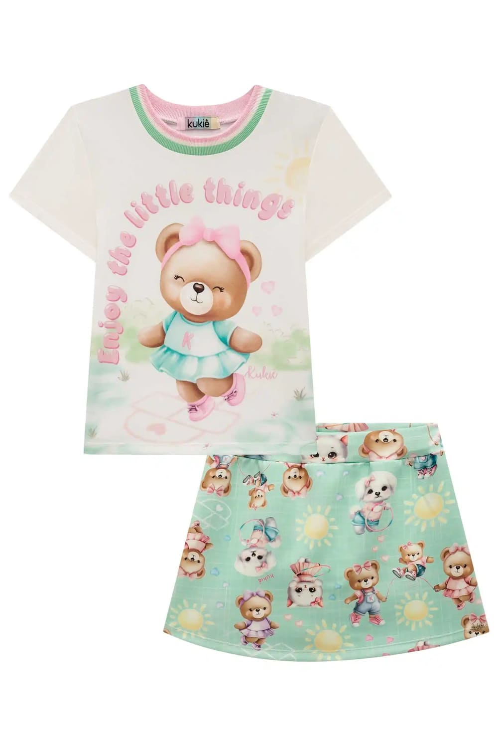 Conjunto Infantil Kukie Verão Shorts Saia Verde e Blusa Ursinha