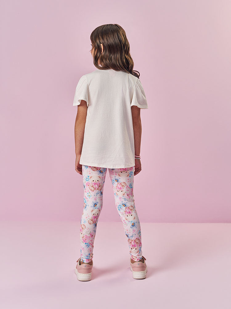 Conjunto Infantil Cinti Verão Calça Legging Rosa e Blusa Branca Flores com Strass