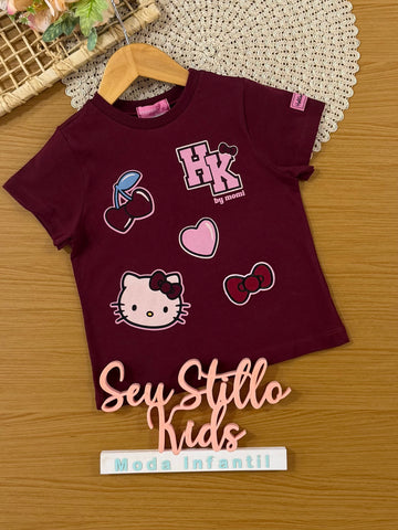 Blusa Infantil Momi Inverno Manga Curta Vinho Hello Kitty Figurinhas