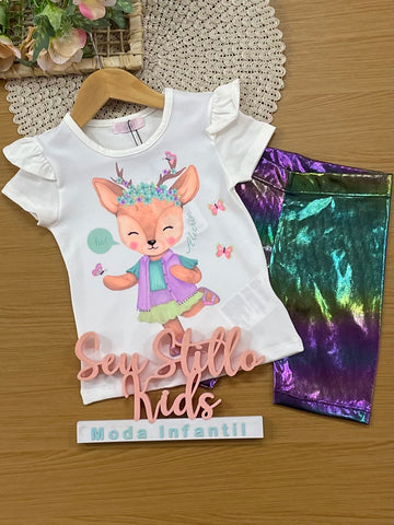 Conjunto Infantil Kukiê com Shorts Ciclista Holografico e Blusa Manga Curta Rena