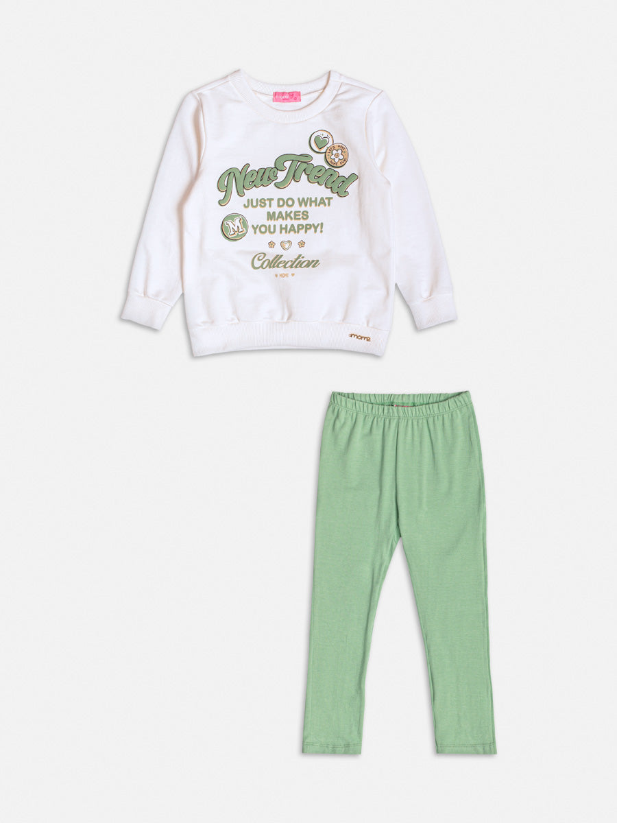 Conjunto Infantil Momi Inverno com Calça Verde e Casaco Branco Nem Trend