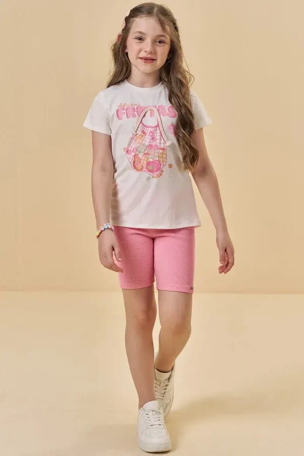 Conjunto Infantil Menina Kukiê com Shorts Ciclista Rosa e Blusa Frutinhas