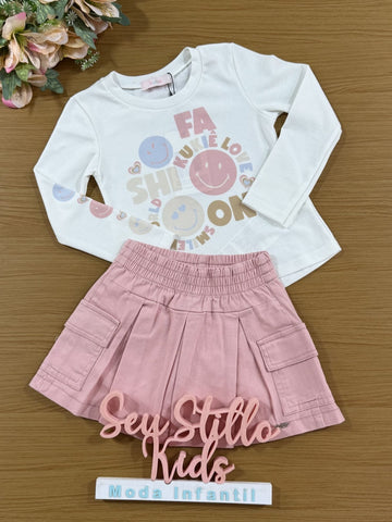 Conjunto Infantil Kukiê Inverno com Saia Rosa e Blusa Manga Longa Emojis