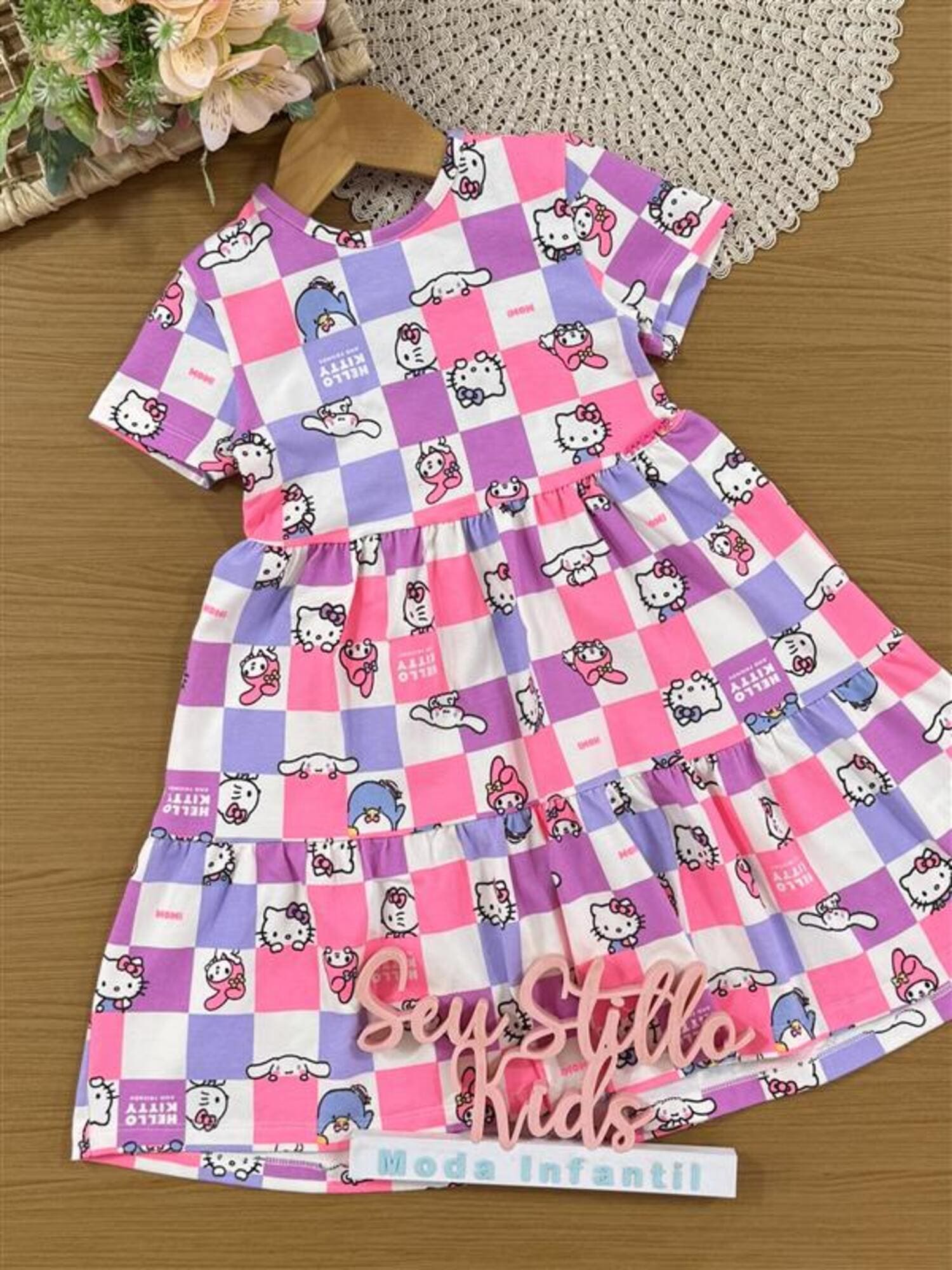 Vestido Infantil Momi Verão Xadrez Hello Kitty