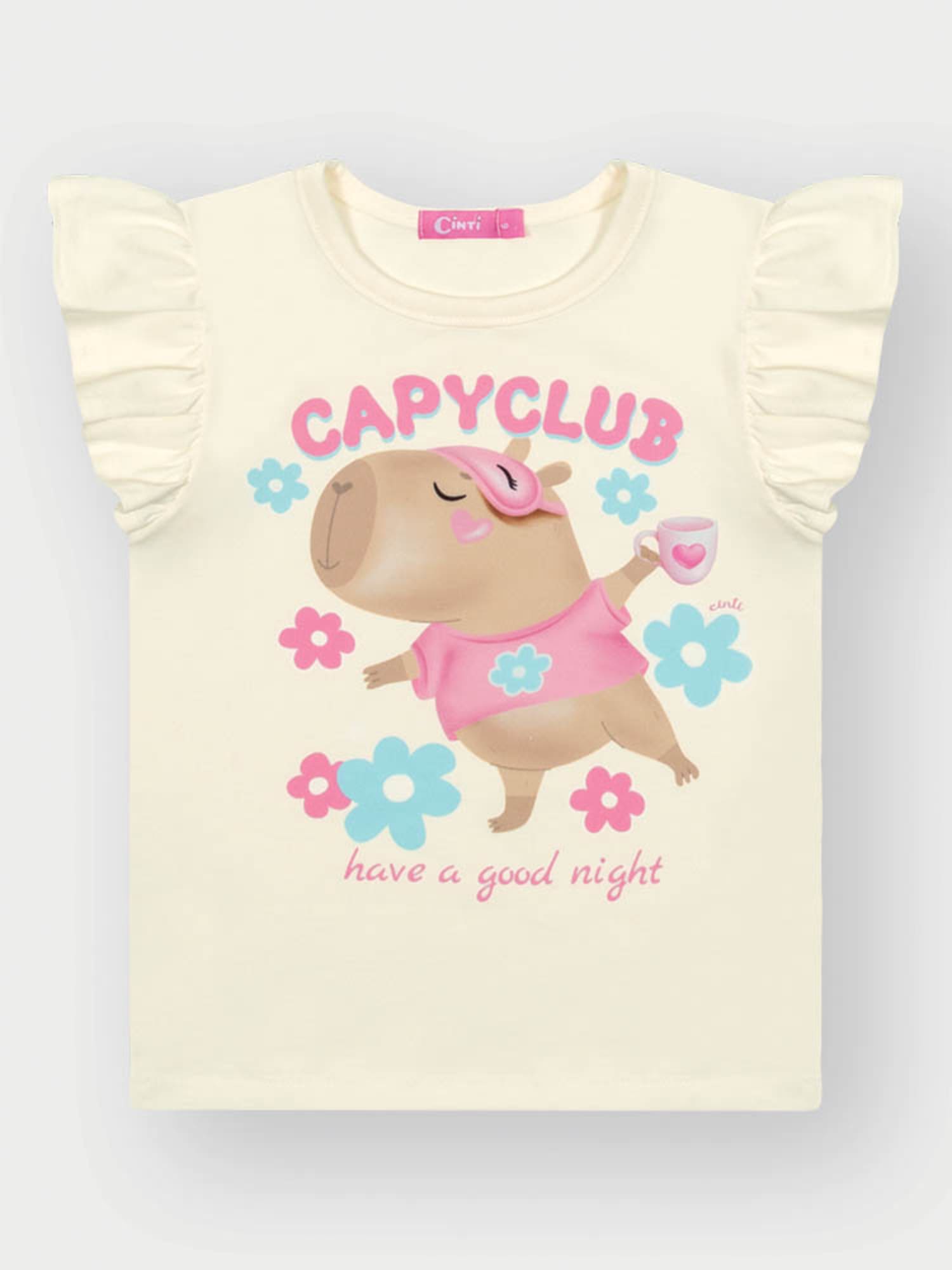 Pijama Infantil Cinti Verão com Shorts Rosa e Blusa Branca Capivara