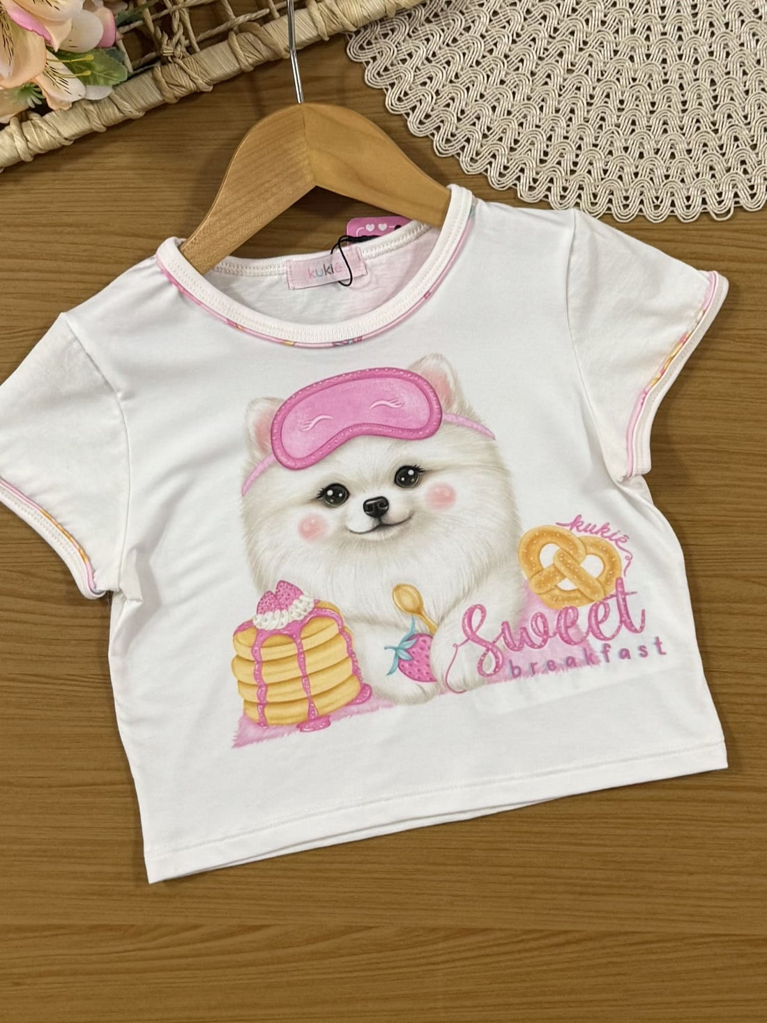 Pijama Infantil Kukiê Verão com Shorts Rosa e Blusa Branca Cachorrinha
