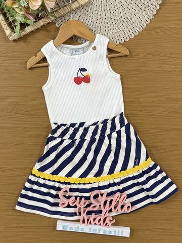 Conjunto Infantil Bimbi Verão com Saia Listrada e Regata Branca Cerejinha
