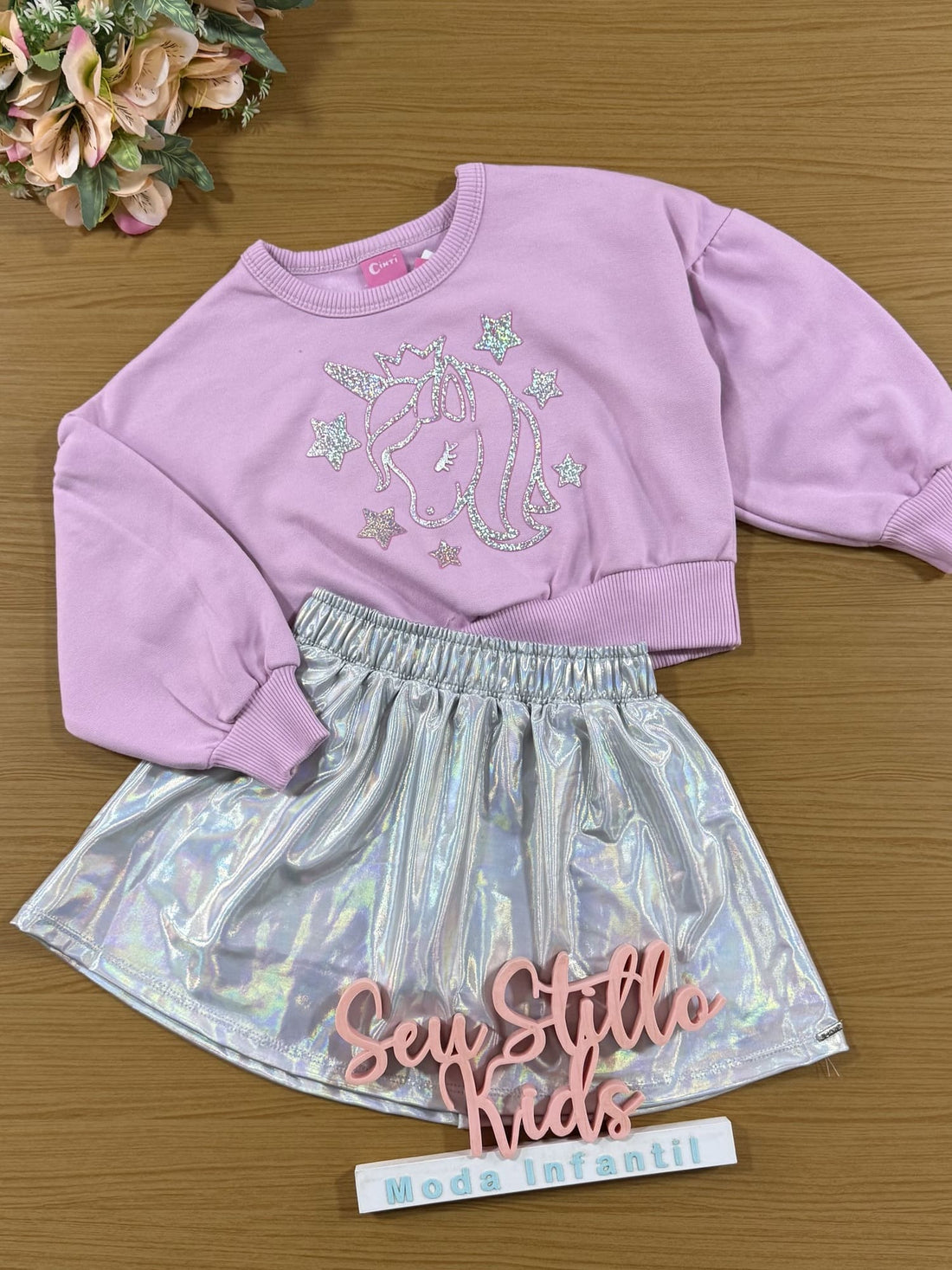Conjunto Infantil Cinti Inverno Saia e Moletom Flanelado Lilás Unicórnio