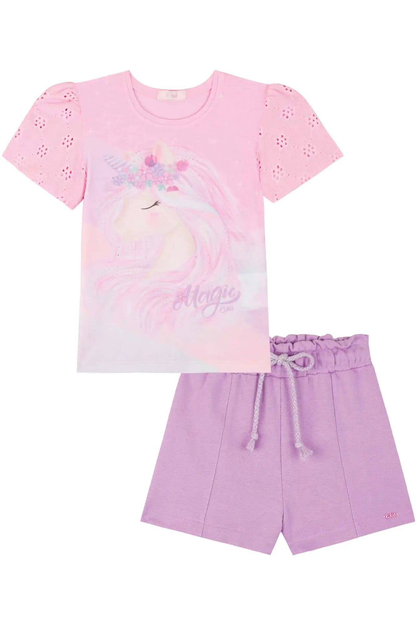 Conjunto Infantil Kukiê Verão com Shorts Lilás e Blusa Rosa Unicórnio
