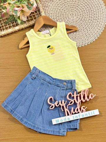 Conjunto Infantil Menina Kukiê com Shorts Saia Jeans e Regata Amarela Limãozinho Tricô