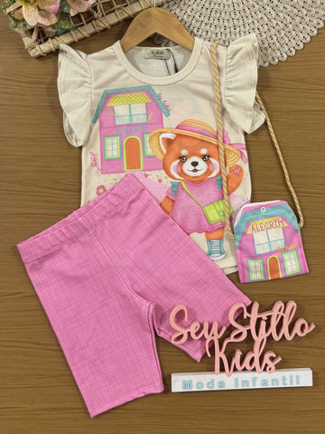 Conjunto Infantil Kukiê Verão com Shorts Rosa Ciclista e Blusa Bege Panda Vermelho com Bolsinha