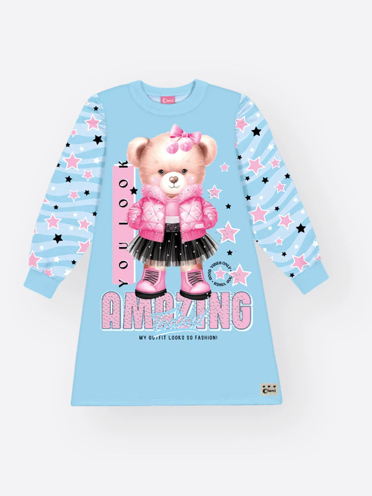 Vestido Infantil Cinti Inverno Térmico Azul Ursinha Amazing
