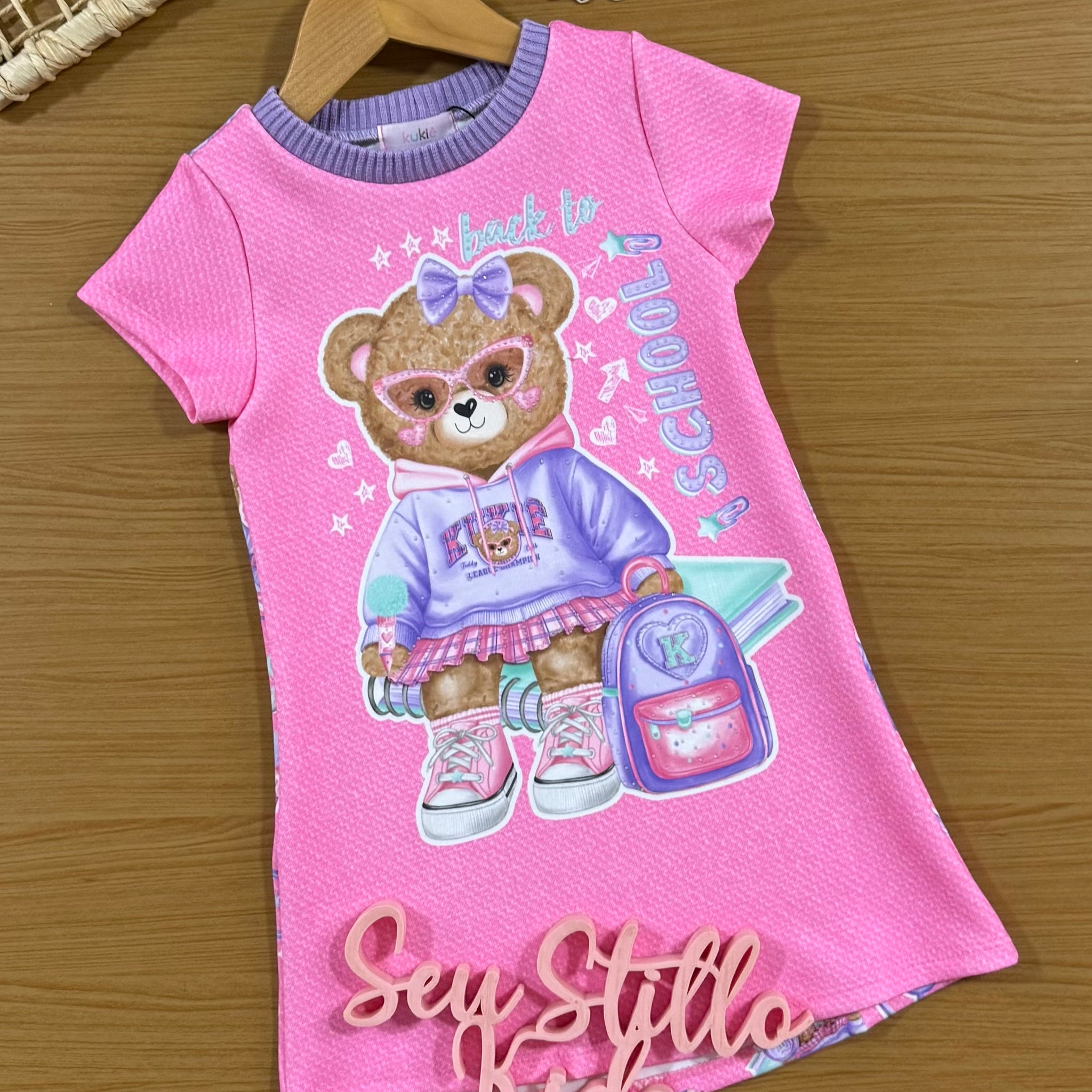 Vestido Infantil Kukiê Manga Curta Rosa Ursinha Escolar