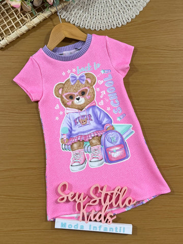 Vestido Infantil Kukiê Manga Curta Rosa Ursinha Escolar