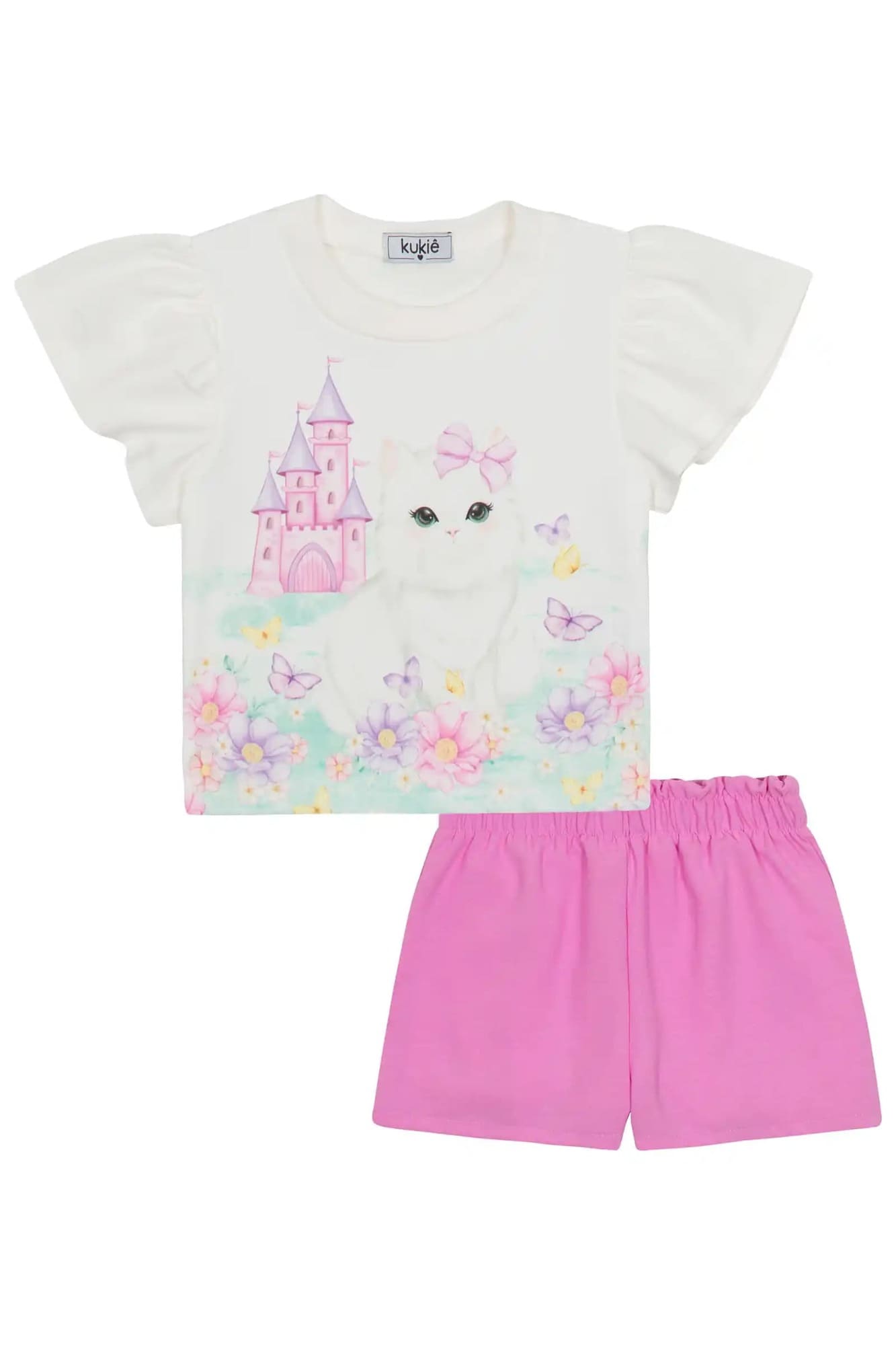 Conjunto Infantil Kukiê com Shorts Lilás e Blusa Manga Curta Gatinha