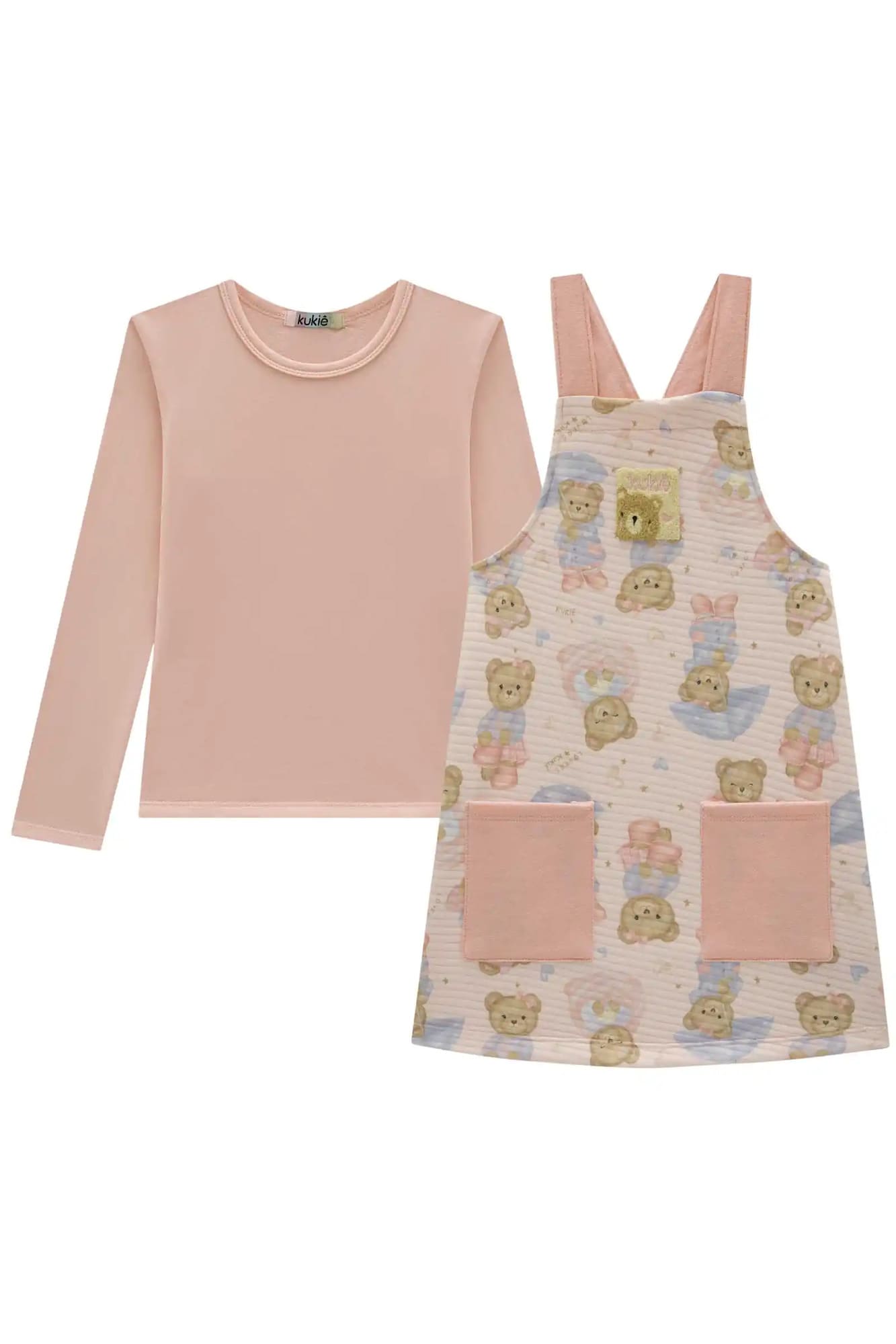 Salopete Infantil Kukiê Inverno com Blusa Térmica Rosa Ursinhos