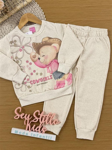 Conjunto Infantil Cinti Inverno com Calça e Moletom Flanelado Off White Ursinha Boiadeira
