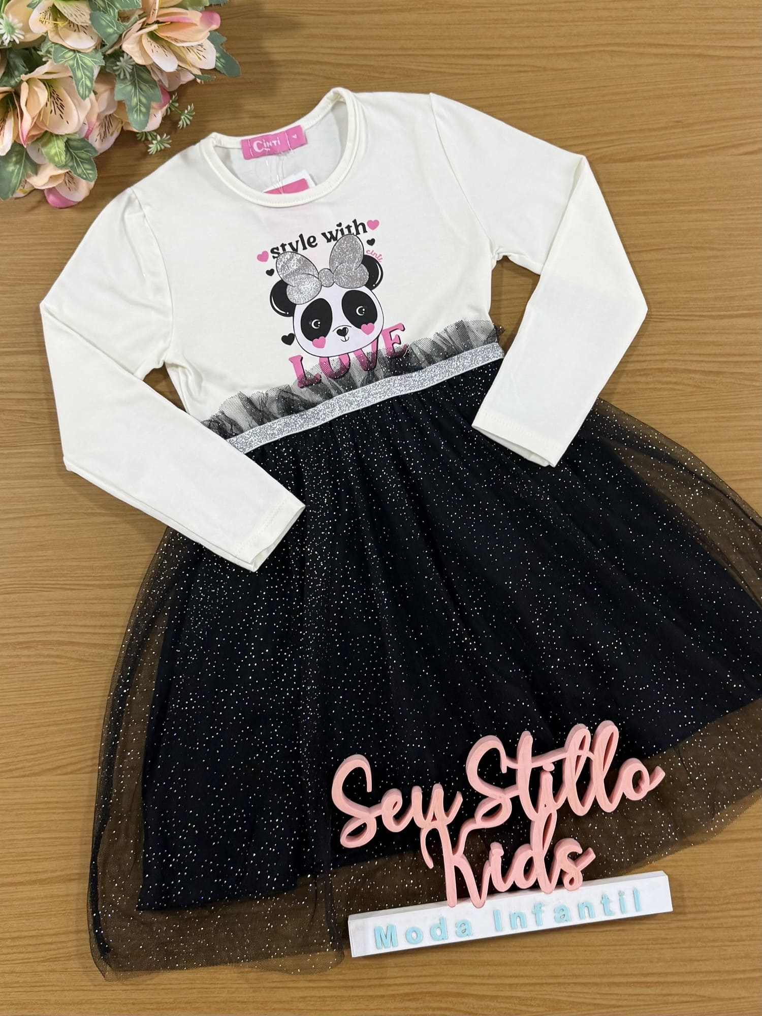 Vestido Infantil Cinti Inverno Panda Com Tule Brilhos