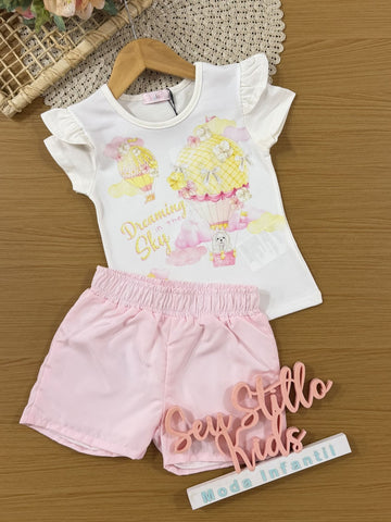 Conjunto Infantil Kukiê com Shorts Rosa e Blusa Dreaming Sky