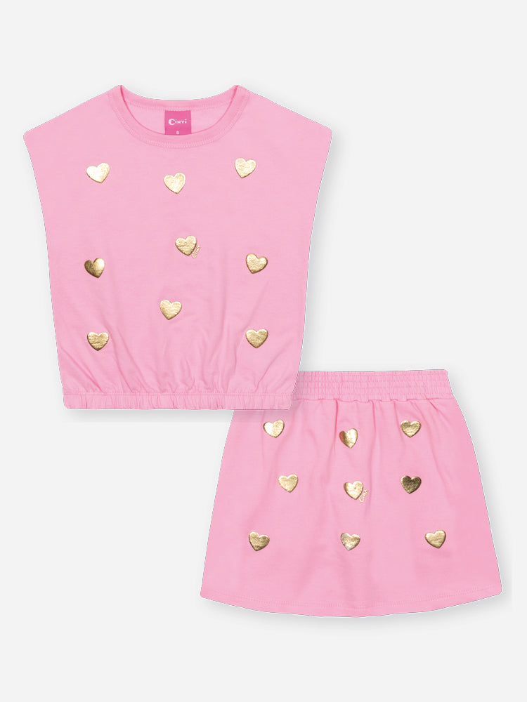 Conjunto Infantil Cinti Verão com Shorts Saia e Blusa sem Mangas Rosa Corações