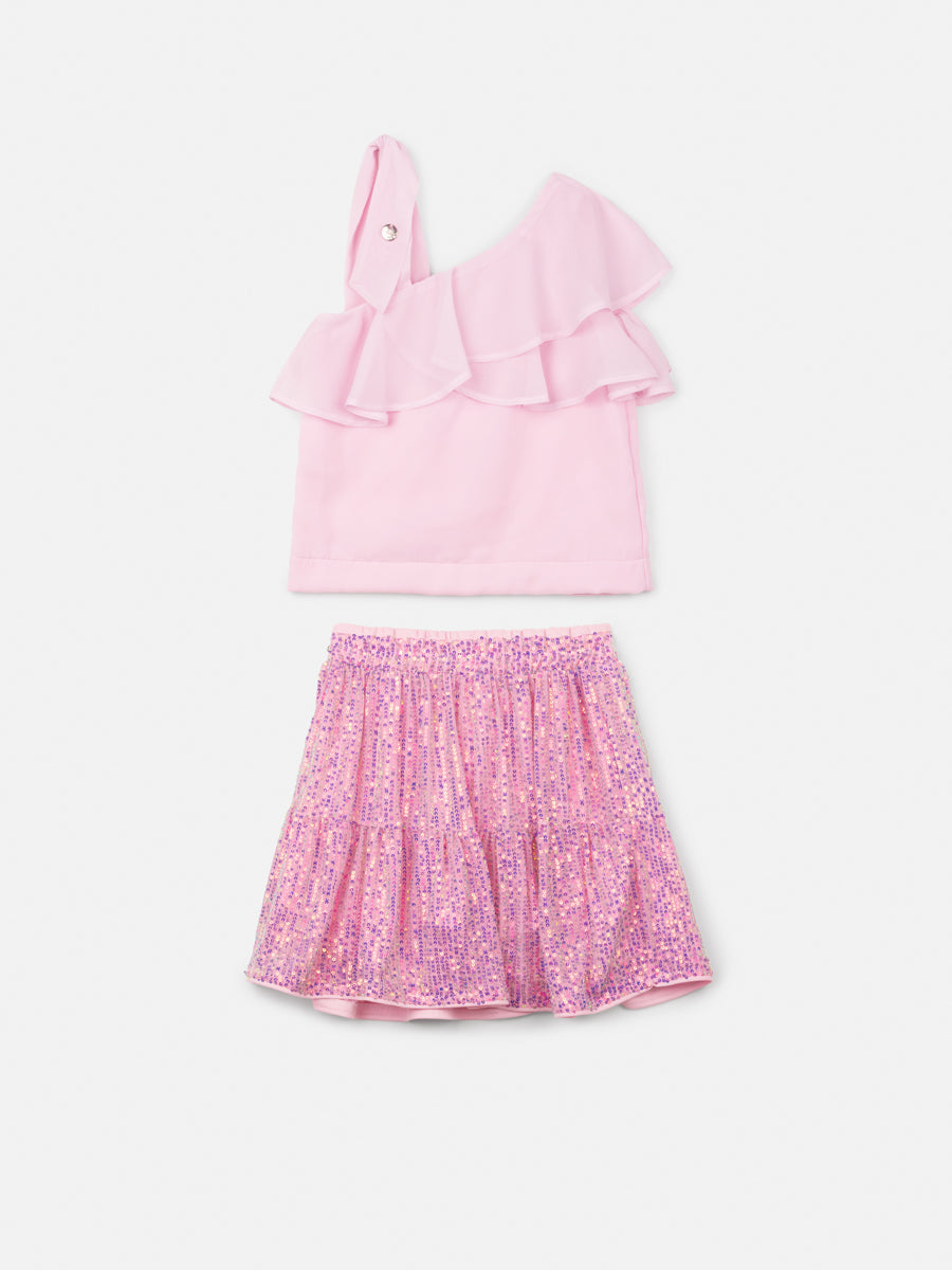 Conjunto Infantil Animê Verão Saia Paetê e Blusa Rosa