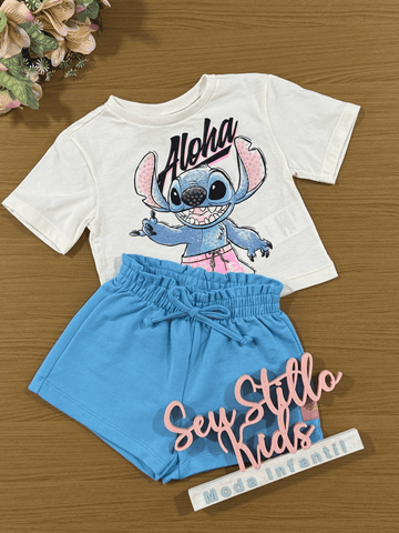 Conjunto Infantil Momi Verão Shorts Azul e Blusa Stitch