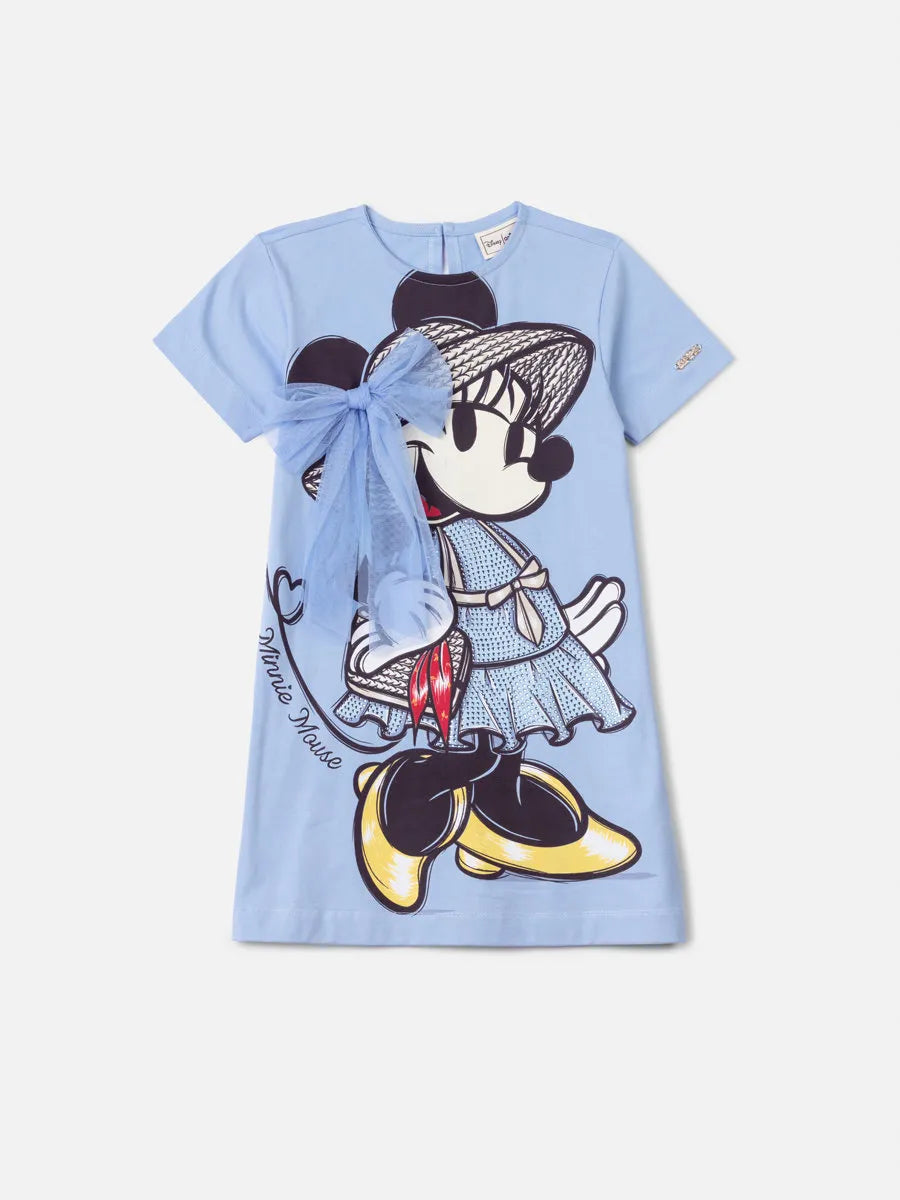 Vestido Infantil Animê Azul Minnie Laço Disney