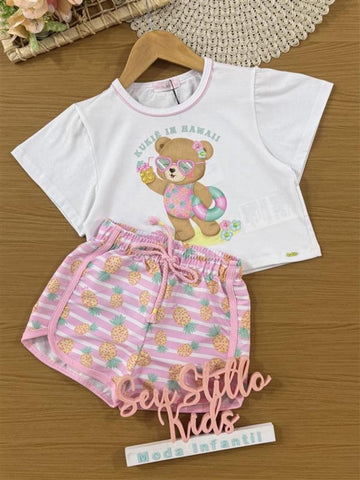 Conjunto Infantil Kukiê Verão com Shorts Rosa e Blusa Branca Ursinha na Praia