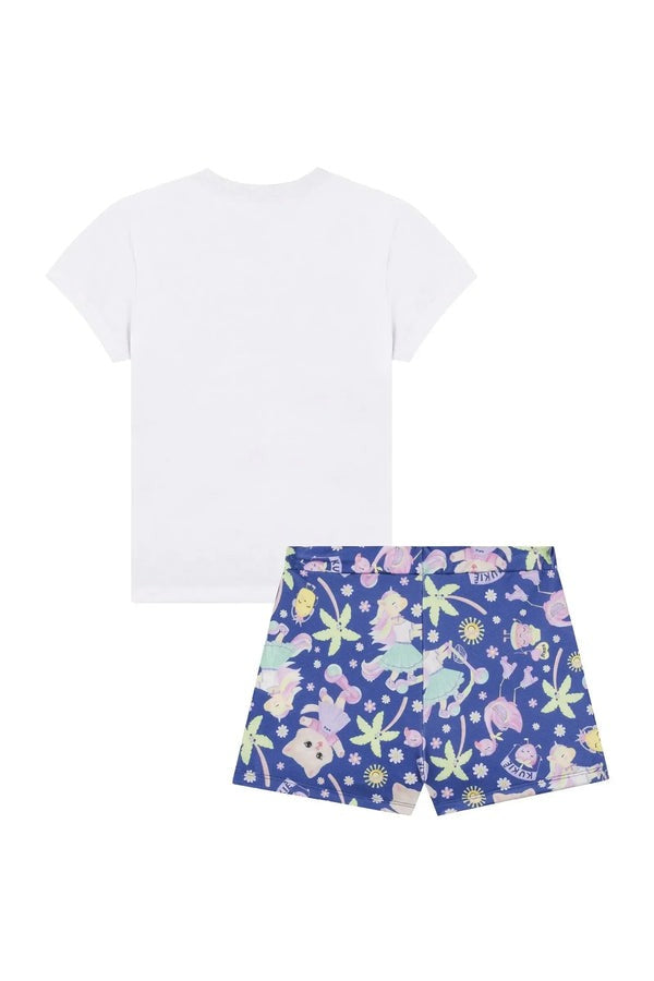 Conjunto Infantil Kukiê Verão com Shorts Saia Azul e Blusa Branca Frutinhas