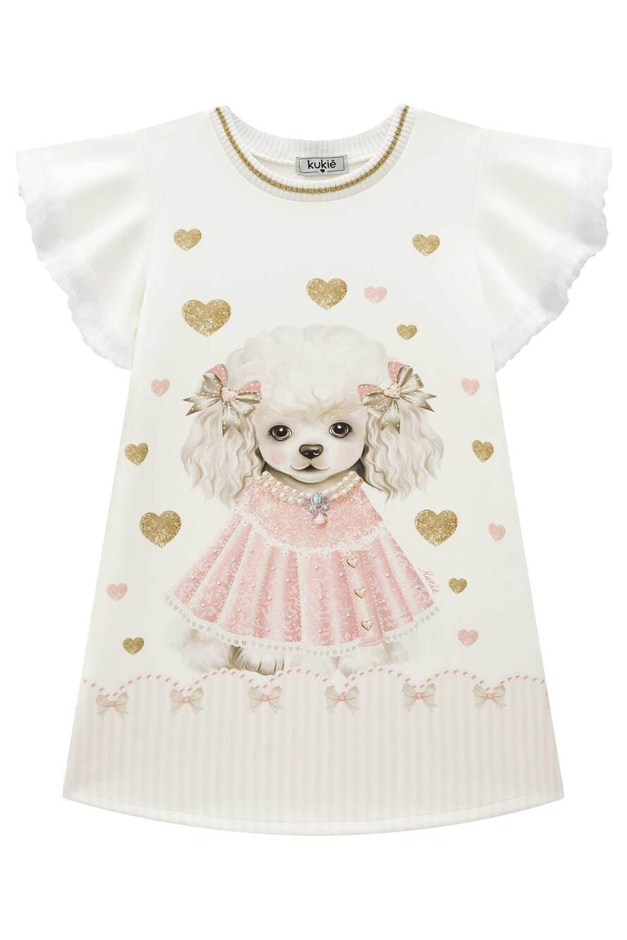 Vestido Infantil Kukie Verão Branco Cachorrinha