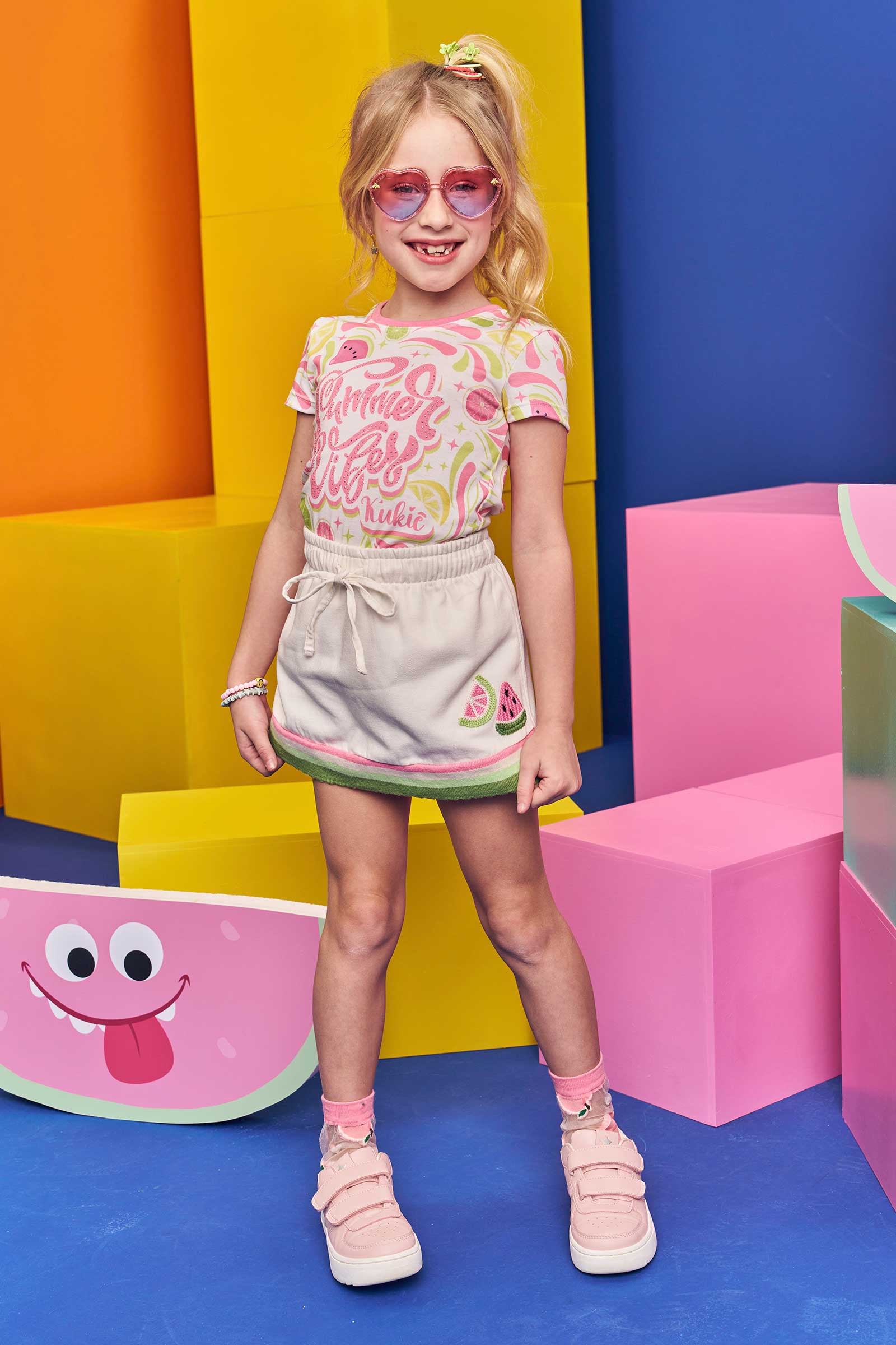 Conjunto Infantil Kukie Verão Shorts Saia e Blusa Melancia