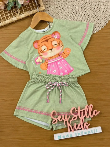 Conjunto Infantil Menina Kukiê com Shorts e Blusa Verde Tigrinha