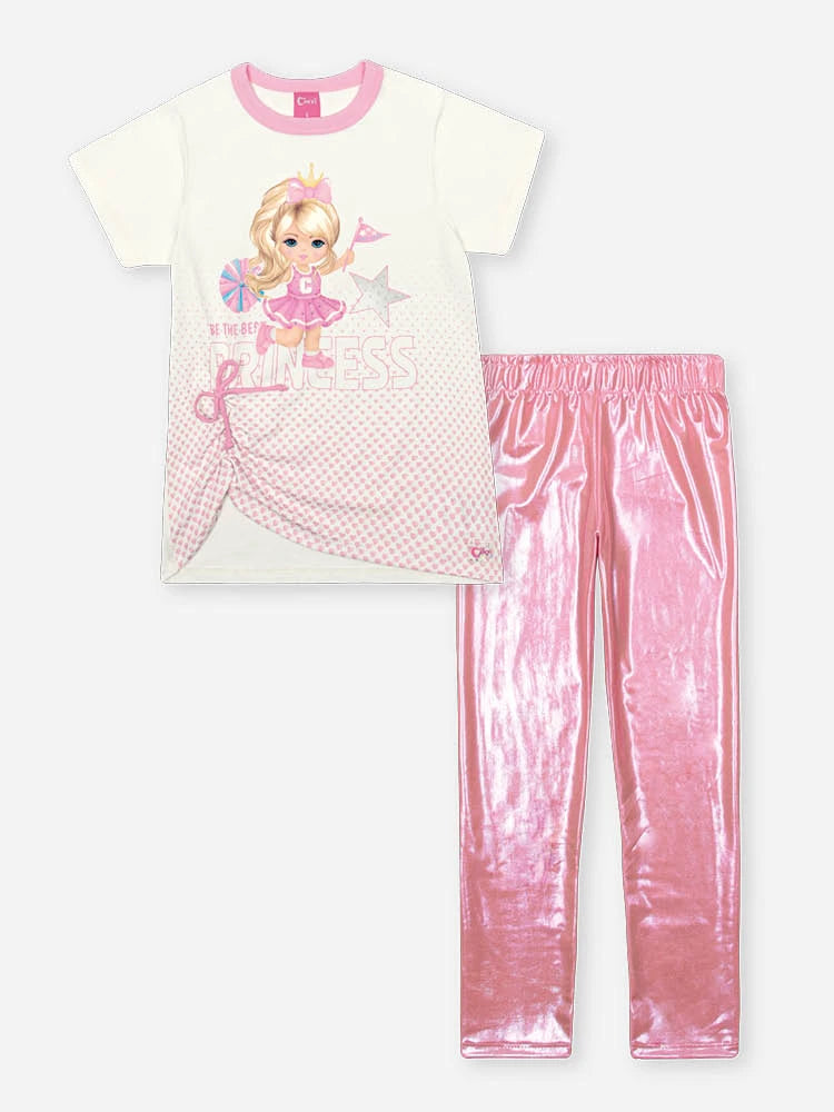 Conjunto Infantil Cinti Verão com Calça Legging Rosa Holografico e Blusa Lider de Torcida