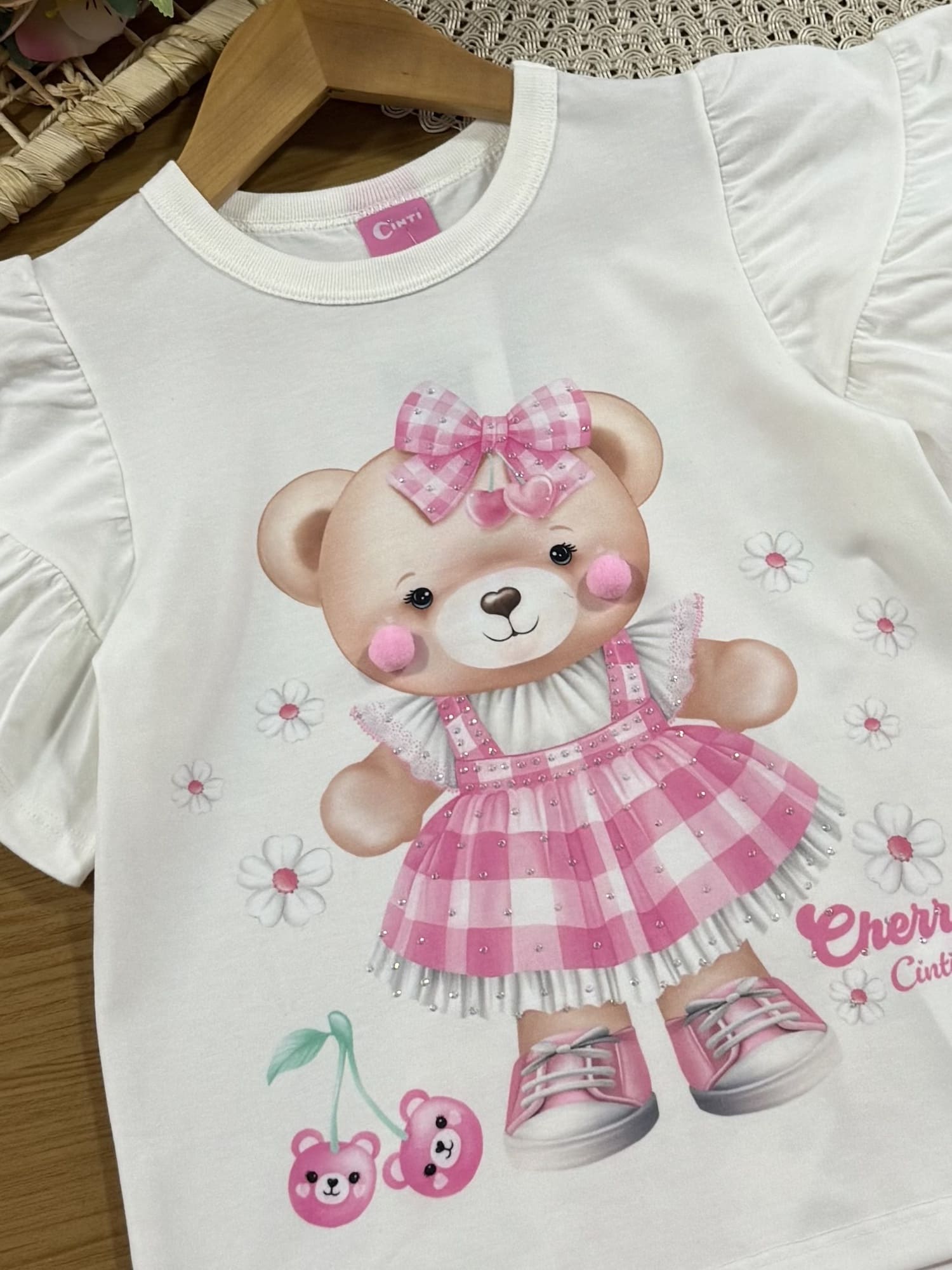 Conjunto Infantil Cinti com Calça Rosa e Blusa Branca Ursinha com Strass
