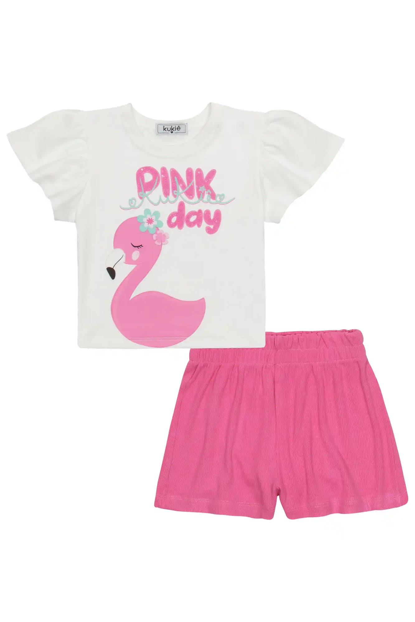 Conjunto Infantil Kukiê com Shorts Rosa e Blusa Manga Curta Flamingo com Strass
