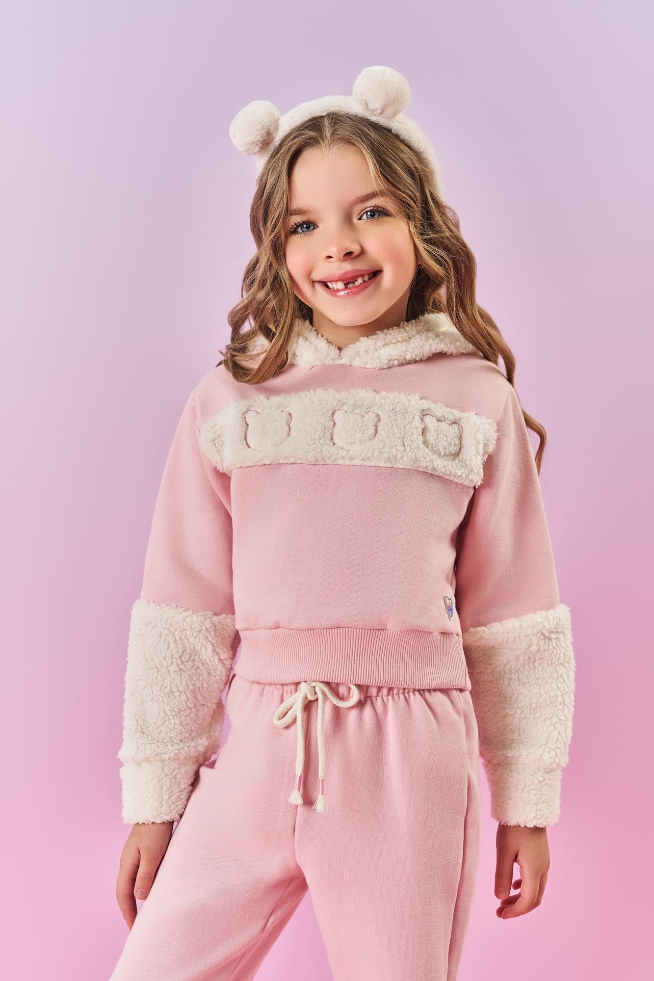 Conjunto Infantil Cinti Inverno Calça e Blusa Rosa Ursinho Teddy