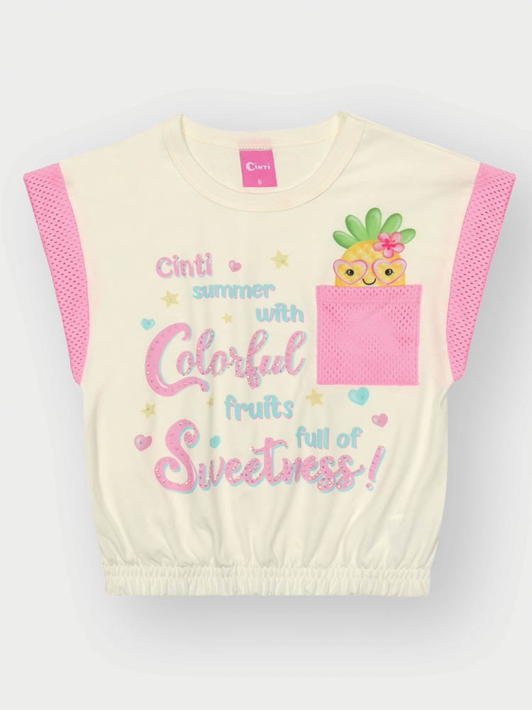 Conjunto Infantil Cinti Verão com Shorts Holográfico e Blusa Branca Frutinha