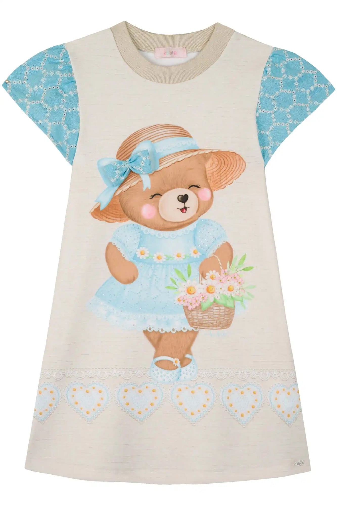 Vestido Infantil Kukiê Verão Bege Ursinha Lacinho 3D