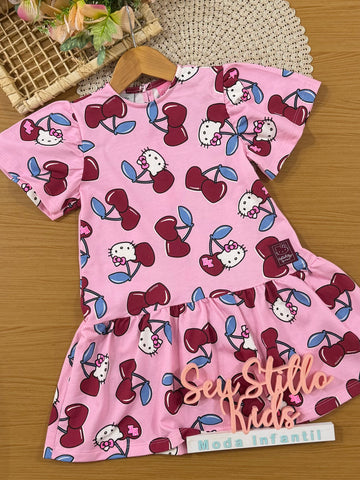 Vestido Infantil Momi Inverno Rosa Hello Kitty Cerejinha