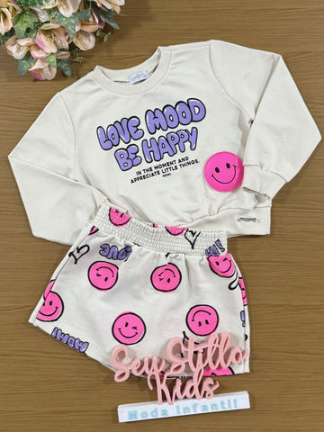 Conjunto Infantil Momi Inverno com Short Saia e Casaco Bege Emoji