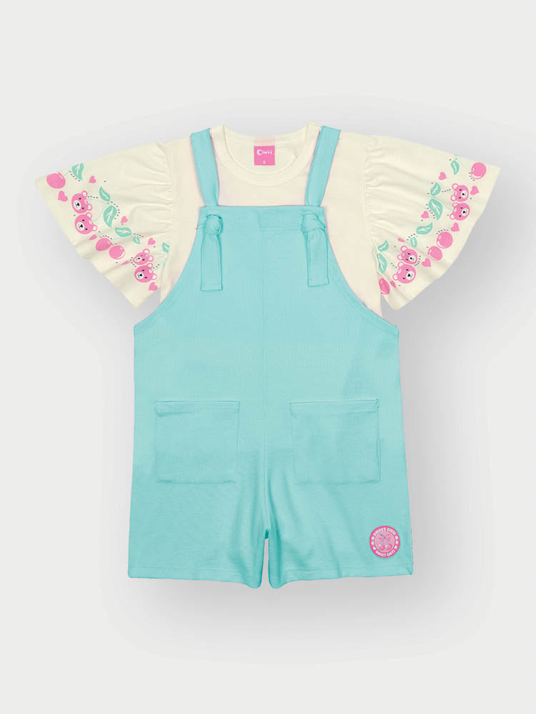 Jardineira Infantil Cinti Verão Azul com Blusa Branca Cerejinha