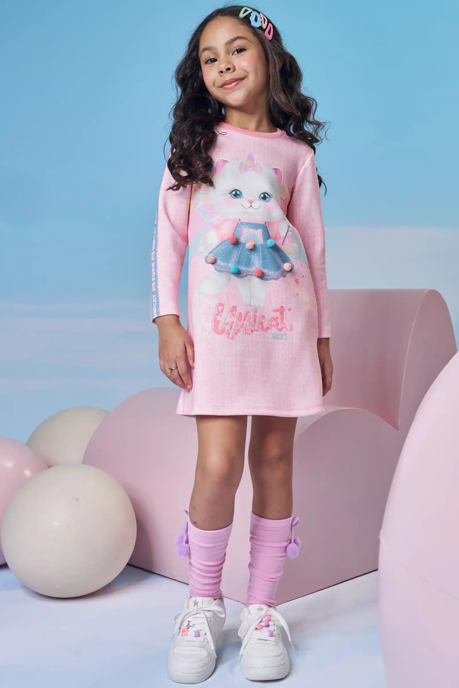 Vestido Infantil Kukiê Inverno Rosa Gatinha Fadinha