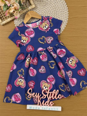 Vestido Infantil Momi Inverno Azul Ursinha Cowgirl