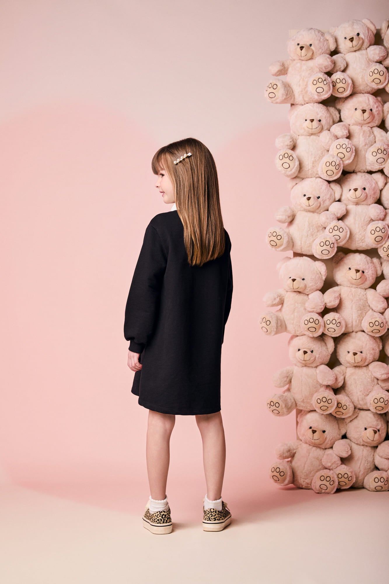 Vestido Infantil Momi Inverno Manga Longa Preto Ursinho Lacinho