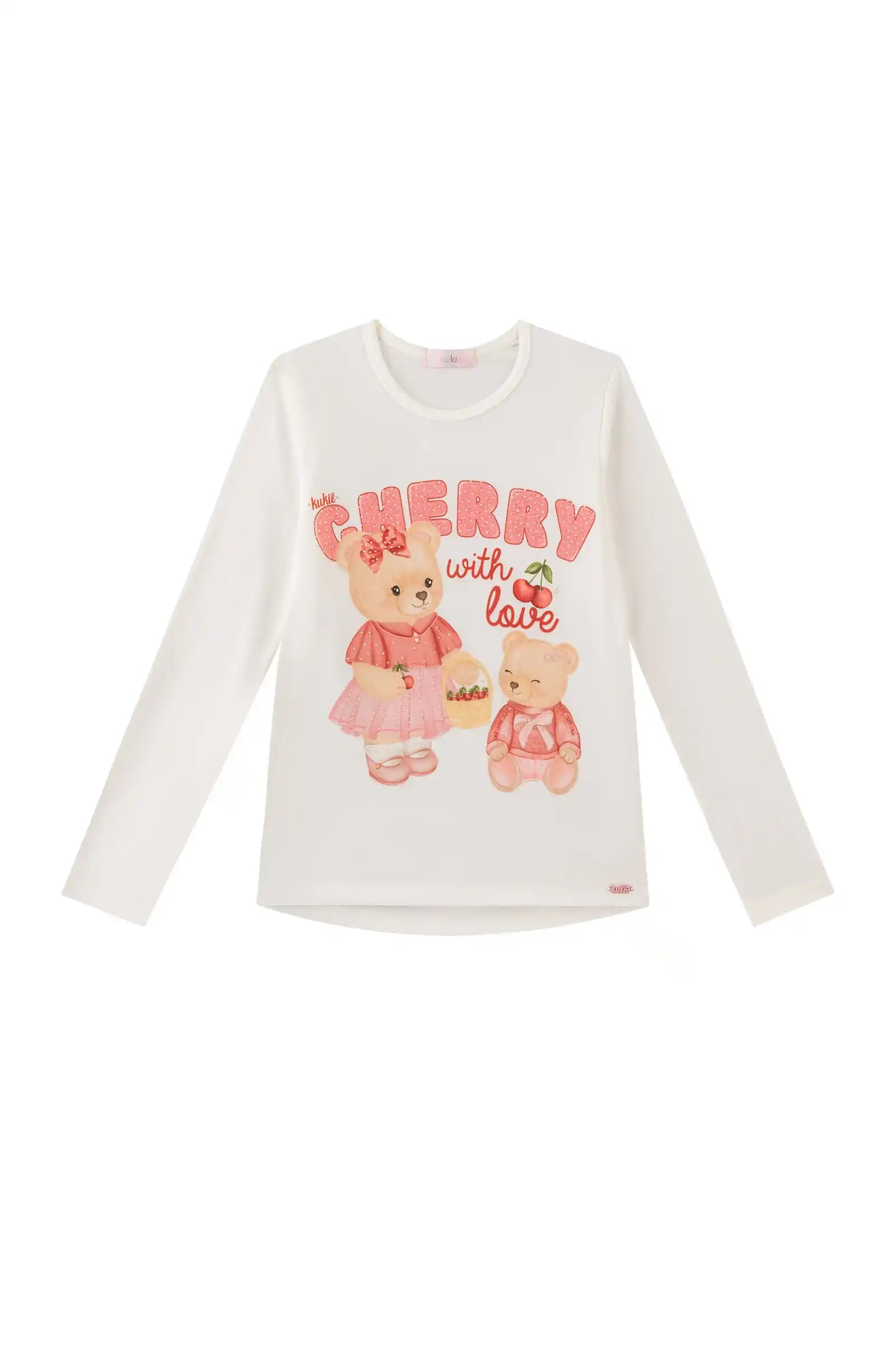 Blusa Infantil Kukiê Inverno Manga Longa Branca Ursinhos Cerejinha