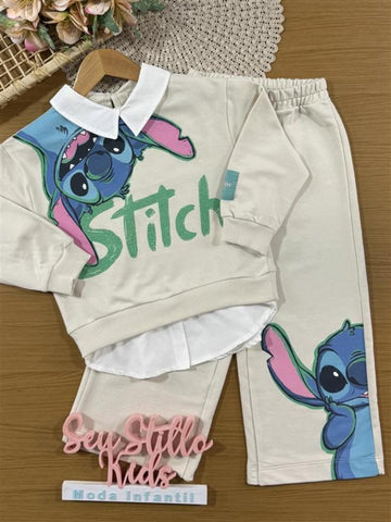 Conjunto Infantil Animê Inverno com Calça e Moletom sem Flanela Bege Stitch Disney