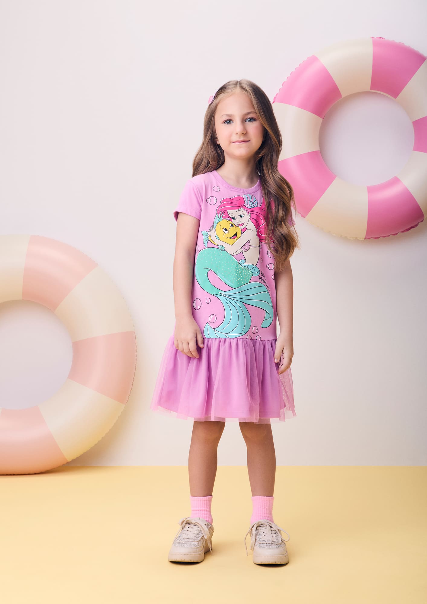 Vestido Infantil Momi Verão com Tule Lilás Pequena Sereia Disney