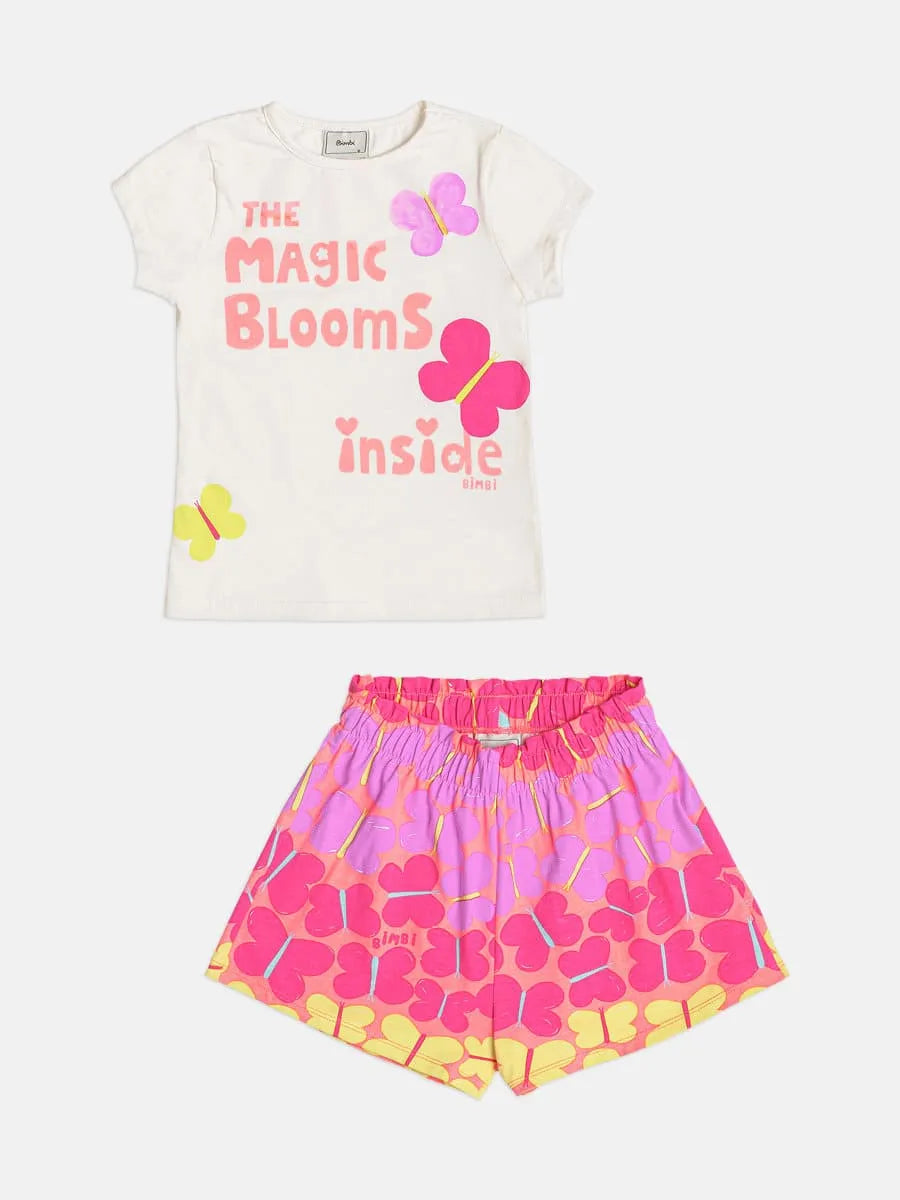 Conjunto Infantil Menina Bimbi com Shorts Rosa e Blusa Branca Borboletinhas